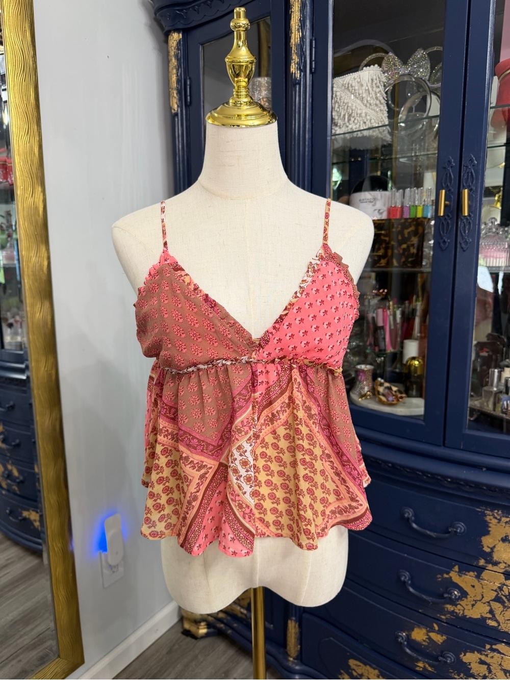 Free People Pink Patchwork V-Neck Spaghetti Strap Camisole size XS